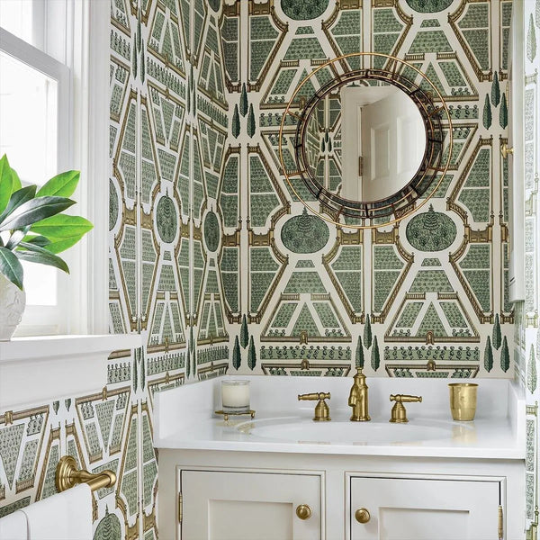 Wallpaper installed in a room showing its full pattern, color