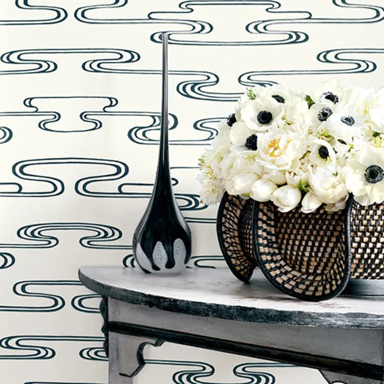 Closeup of a wallpaper showing its Art-Deco, Neutrals, Two-tone pattern, color, and subtle texture.