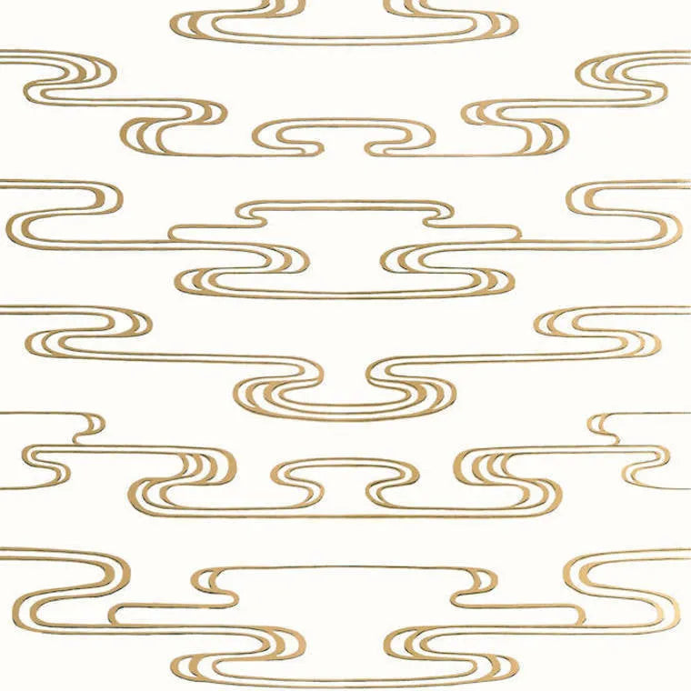 Closeup of a wallpaper showing its Art-Deco, Two-tone pattern, color, and subtle texture.