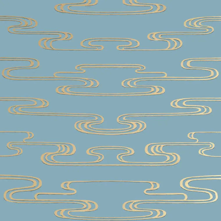 Closeup of a wallpaper showing its Art-Deco, Two-tone pattern, color, and subtle texture.