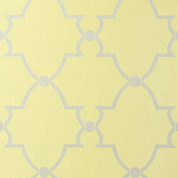 Closeup of a wallpaper showing its Art-Deco, Damask, Two-tone pattern, color, and subtle texture.