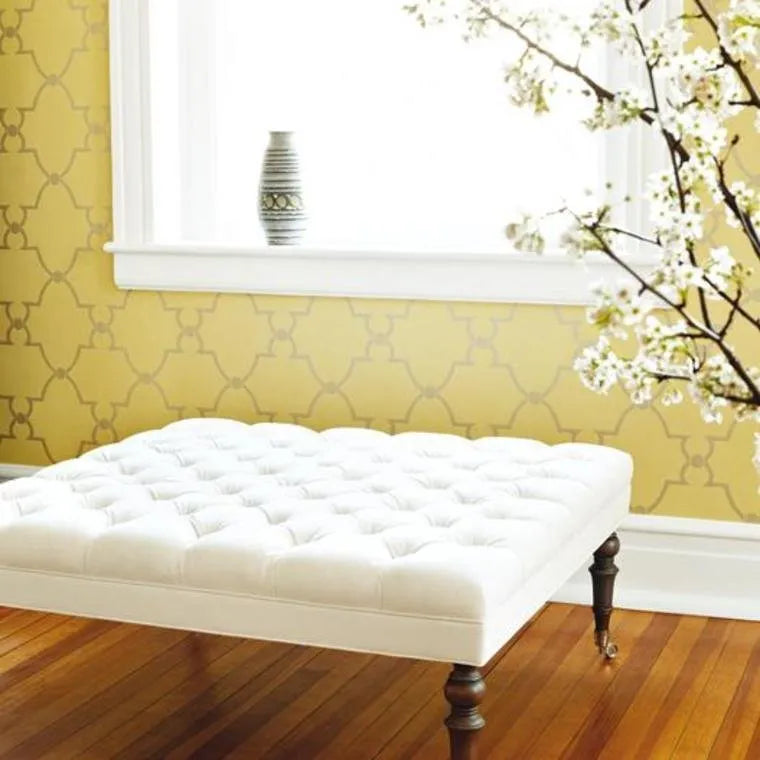 Closeup of a wallpaper showing its Art-Deco, Damask, Neutrals, Two-tone pattern, color, and subtle texture.