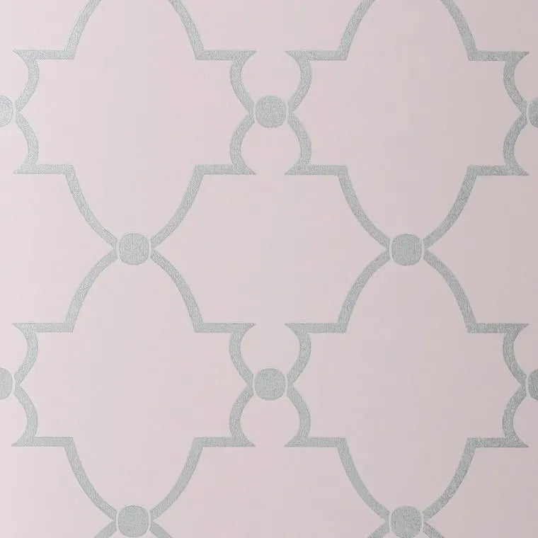 Closeup of a wallpaper showing its Art-Deco, Damask, Two-tone pattern, color, and subtle texture.