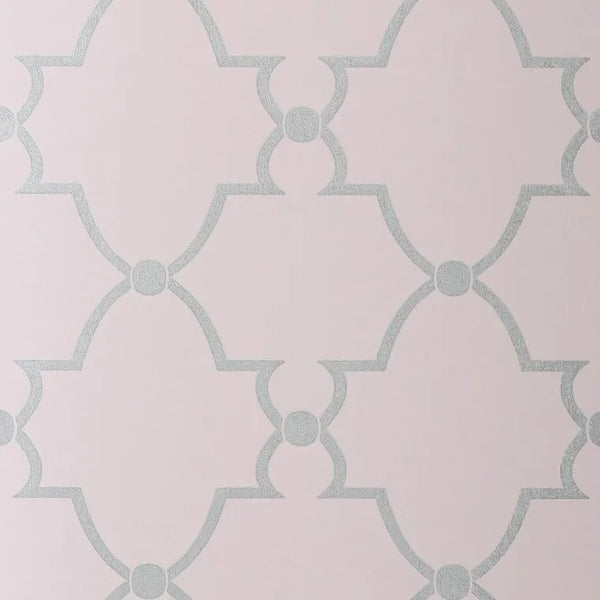 Closeup of a wallpaper showing its Art-Deco, Damask, Two-tone pattern, color, and subtle texture.