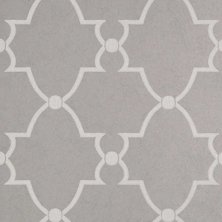 Closeup of a wallpaper showing its Art-Deco, Damask, Two-tone pattern, color, and subtle texture.