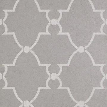 Closeup of a wallpaper showing its Art-Deco, Damask, Two-tone pattern, color, and subtle texture.