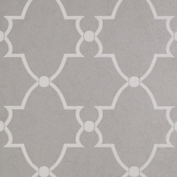 Closeup of a wallpaper showing its Art-Deco, Damask, Two-tone pattern, color, and subtle texture.