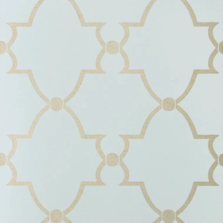 Closeup of a wallpaper showing its Art-Deco, Damask, Two-tone pattern, color, and subtle texture.