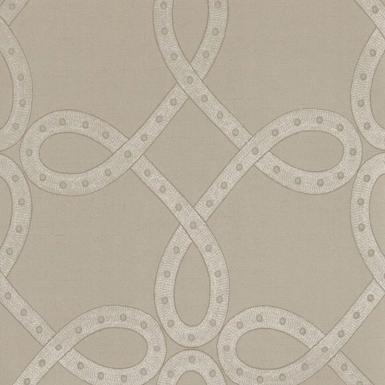 Closeup of a wallpaper showing its Art-Deco, Damask, Neutrals, Two-tone pattern, color, and subtle texture.