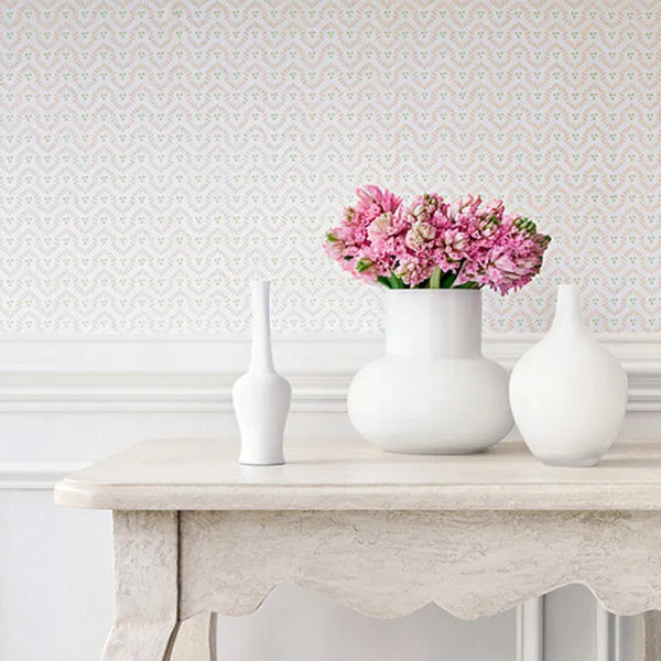 Wallpaper installed in a room showing its full pattern, color