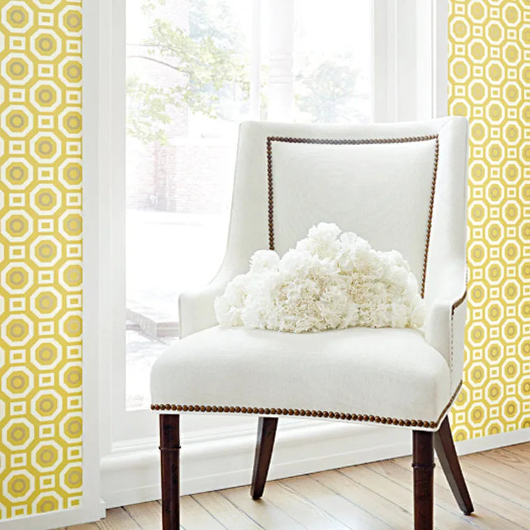 Closeup of a wallpaper showing its Art-Deco, Circles, Geometric, Two-tone pattern, color, and subtle texture.