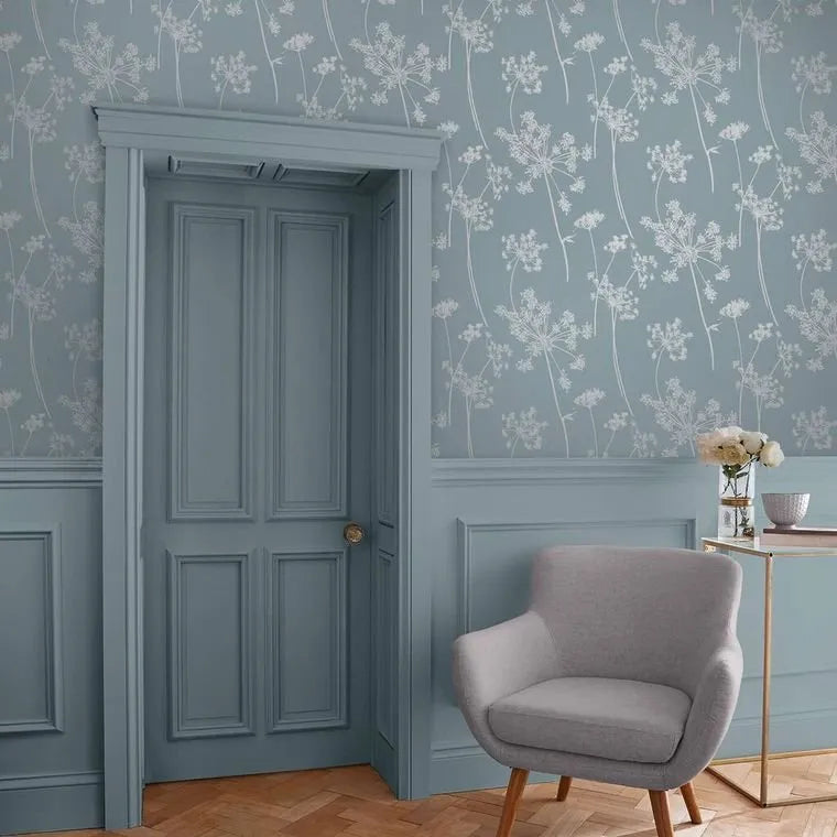 Wallpaper installed in a room showing its full pattern, color