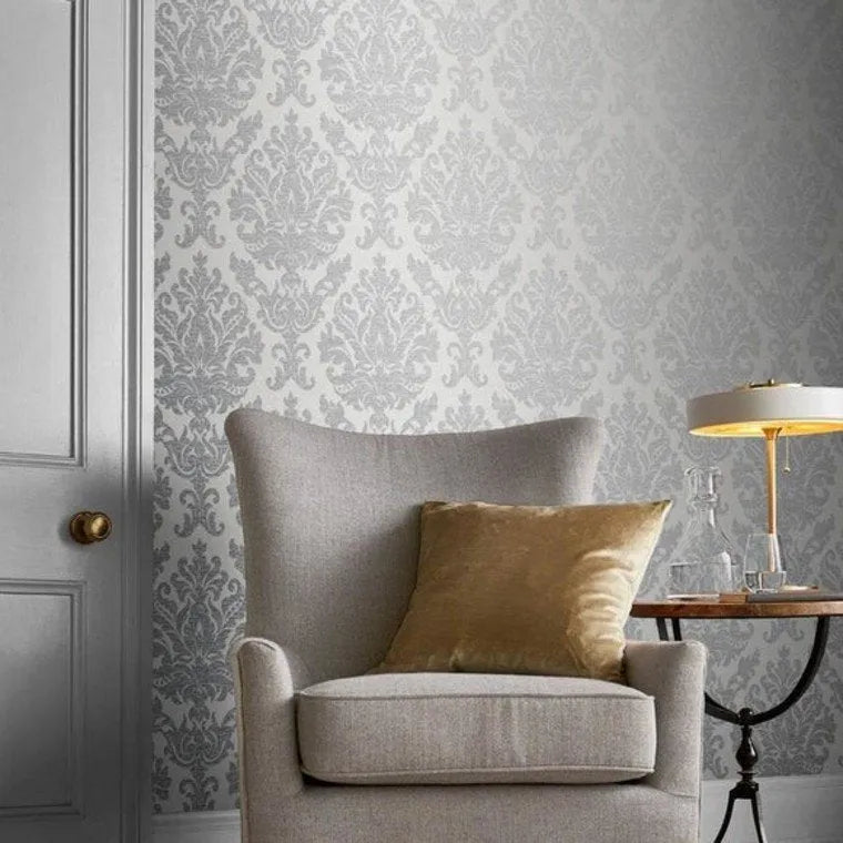 Closeup of a wallpaper showing its Damask, Grey, Monochrome, Two-tone pattern, color, and subtle texture.