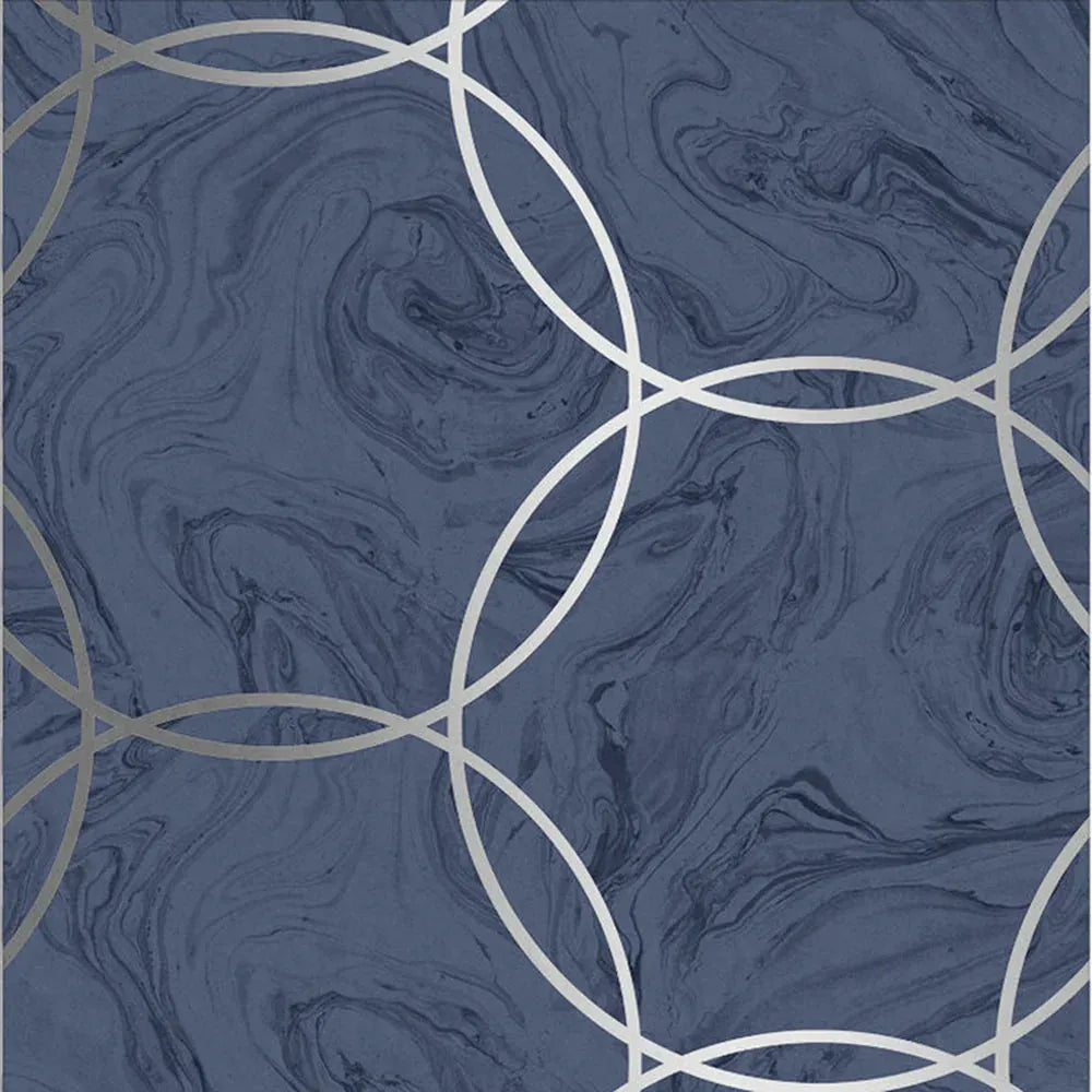 Closeup of a wallpaper showing its Blue, Circles, Contemporary, Geometric, Metallic, Two-tone pattern, color, and subtle texture.