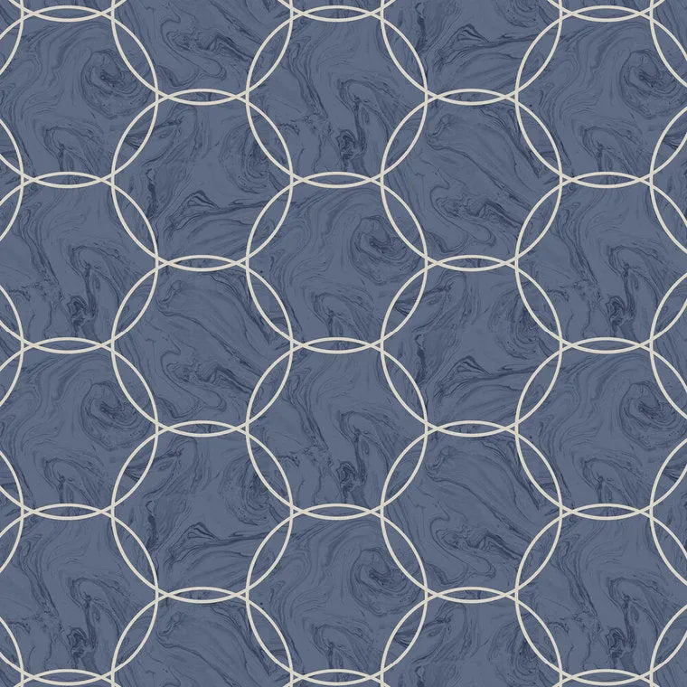 Closeup of a wallpaper showing its Blue, Circles, Contemporary, Geometric, Metallic, Two-tone pattern, color, and subtle texture.