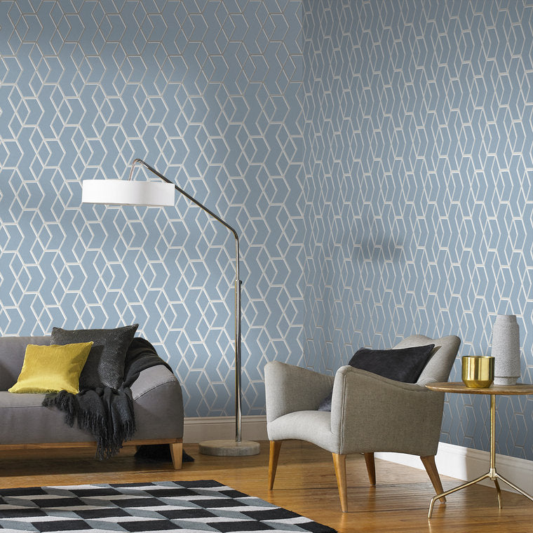 Wallpaper installed in a room showing its full pattern, color