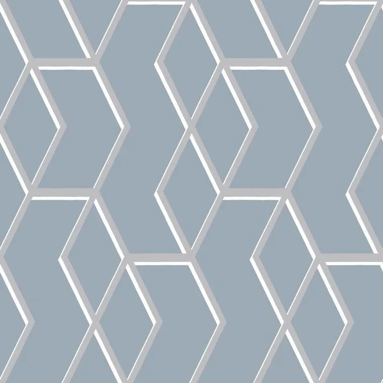 Closeup of a wallpaper showing its Blue, Contemporary, Geometric, Metallic, Two-tone pattern, color, and subtle texture.