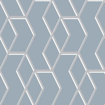 Closeup of a wallpaper showing its Blue, Contemporary, Geometric, Metallic, Two-tone pattern, color, and subtle texture.