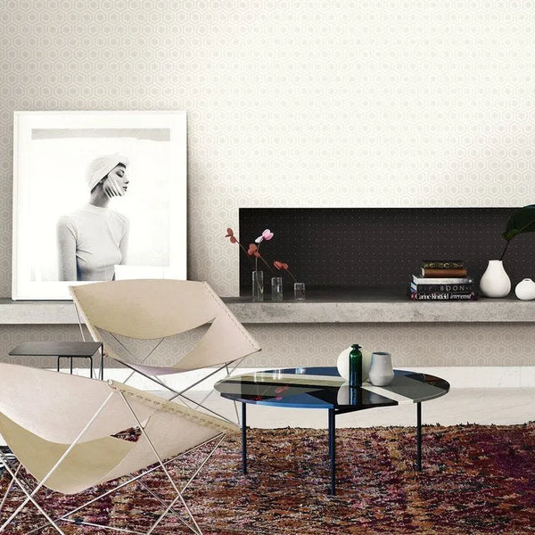 Wallpaper installed in a room showing its full pattern, color