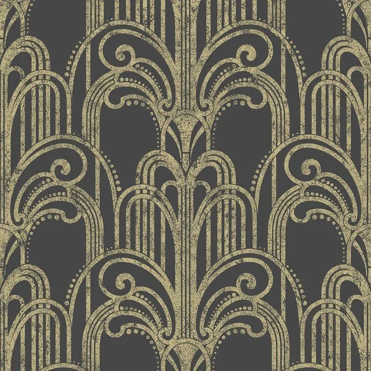 Closeup of a wallpaper showing its Art-Deco, Black, Damask, Gold, Two-tone pattern, color, and subtle texture.