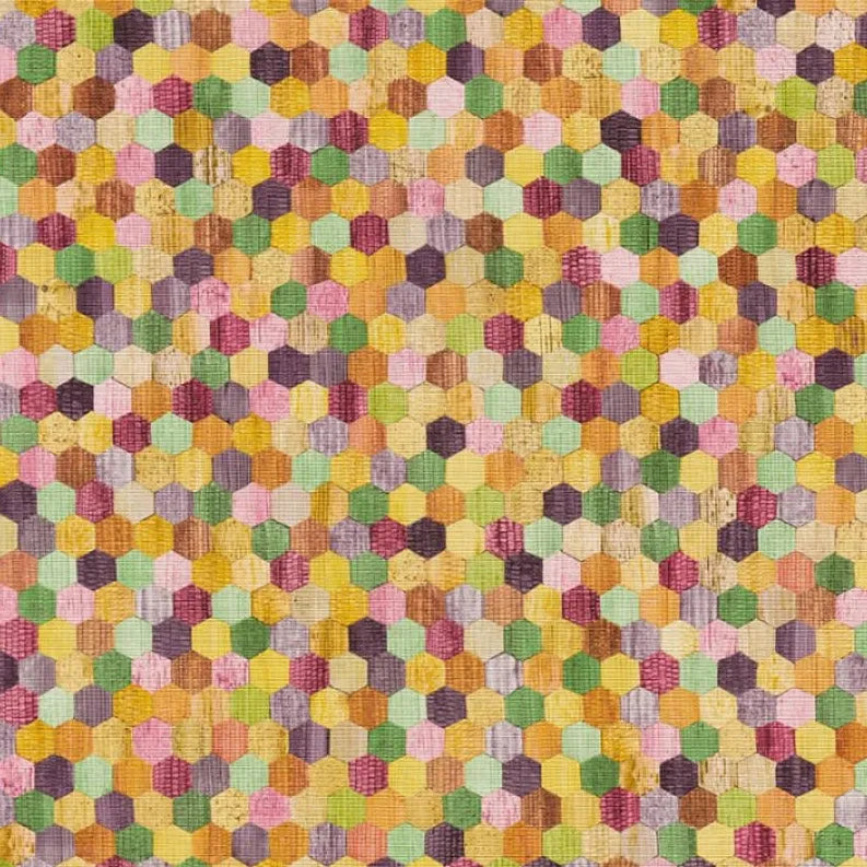 Closeup of a wallpaper showing its Contemporary, Dots, Geometric, Multicolour, Yellow pattern, color, and subtle texture.