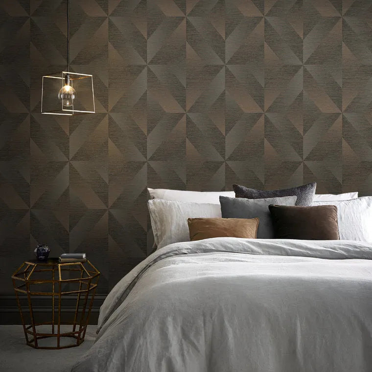 Closeup of a wallpaper showing its Brown, Contemporary, Geometric, Metallic, Two-tone pattern, color, and subtle texture.