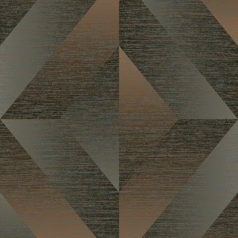 Closeup of a wallpaper showing its Brown, Contemporary, Geometric, Metallic, Two-tone pattern, color, and subtle texture.