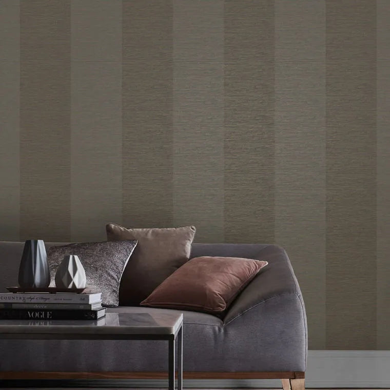 Closeup of a wallpaper showing its Brown, Contemporary, Metallic, Stripes, Two-tone pattern, color, and subtle texture.