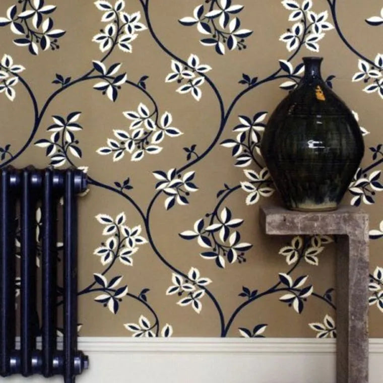 Wallpaper installed in a room showing its full pattern, color