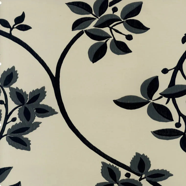 Closeup of a wallpaper showing its Black, Contemporary, Cream, Floral, Neutrals, Two-tone pattern, color, and subtle texture.