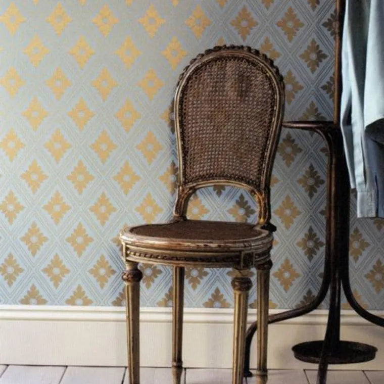 Wallpaper installed in a room showing its full pattern, color