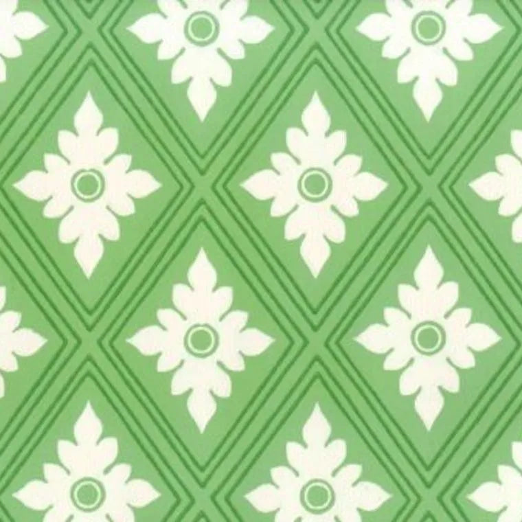 Closeup of a wallpaper showing its Floral, Geometric, Green, Two-tone pattern, color, and subtle texture.