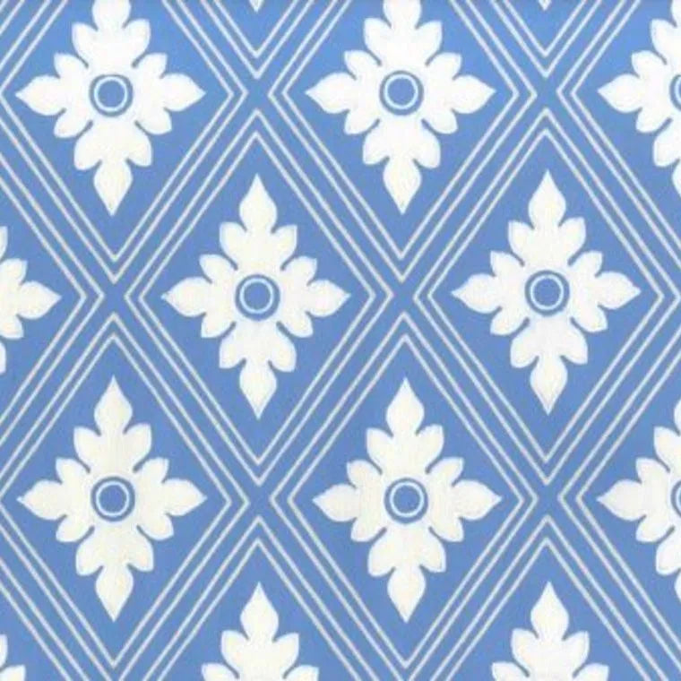 Closeup of a wallpaper showing its Blue, Floral, Geometric, Two-tone pattern, color, and subtle texture.