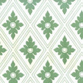 Closeup of a wallpaper showing its Floral, Geometric, Green, Two-tone pattern, color, and subtle texture.