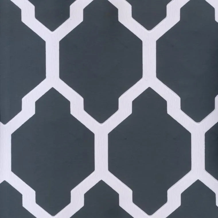 Closeup of a wallpaper showing its Blue, Contemporary, Geometric, Trellis, Two-tone pattern, color, and subtle texture.