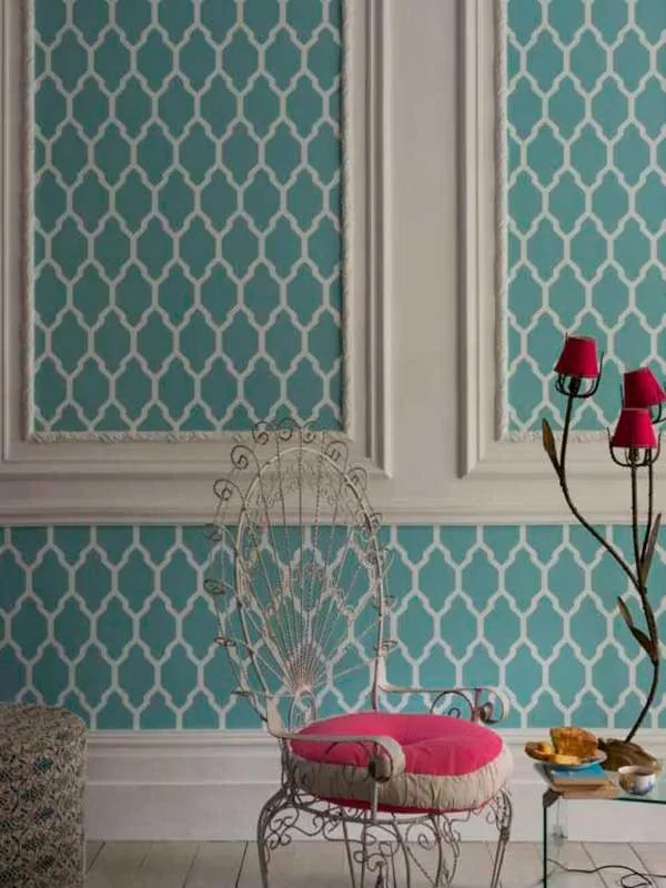 Closeup of a wallpaper showing its Blue, Contemporary, Geometric, Trellis, Two-tone pattern, color, and subtle texture.