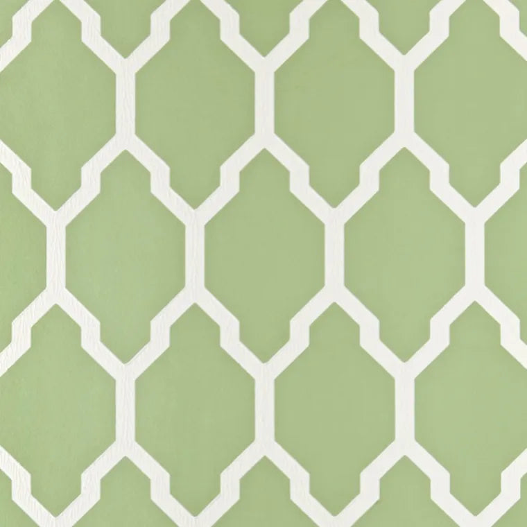 Closeup of a wallpaper showing its Contemporary, Geometric, Green, Trellis, Two-tone pattern, color, and subtle texture.