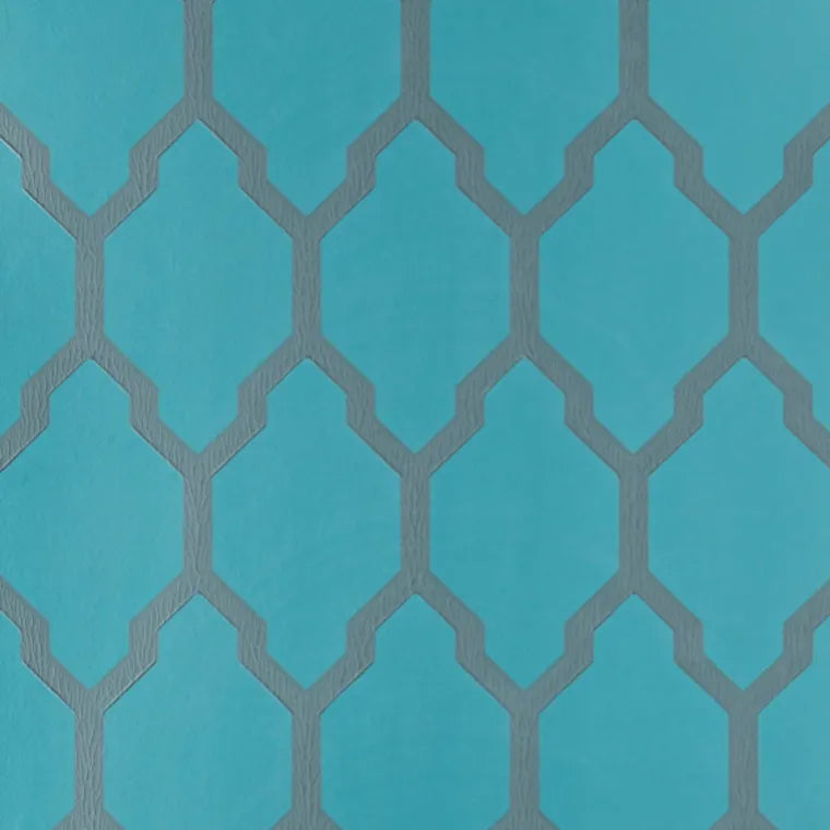 Closeup of a wallpaper showing its Blue, Contemporary, Geometric, Trellis, Two-tone pattern, color, and subtle texture.