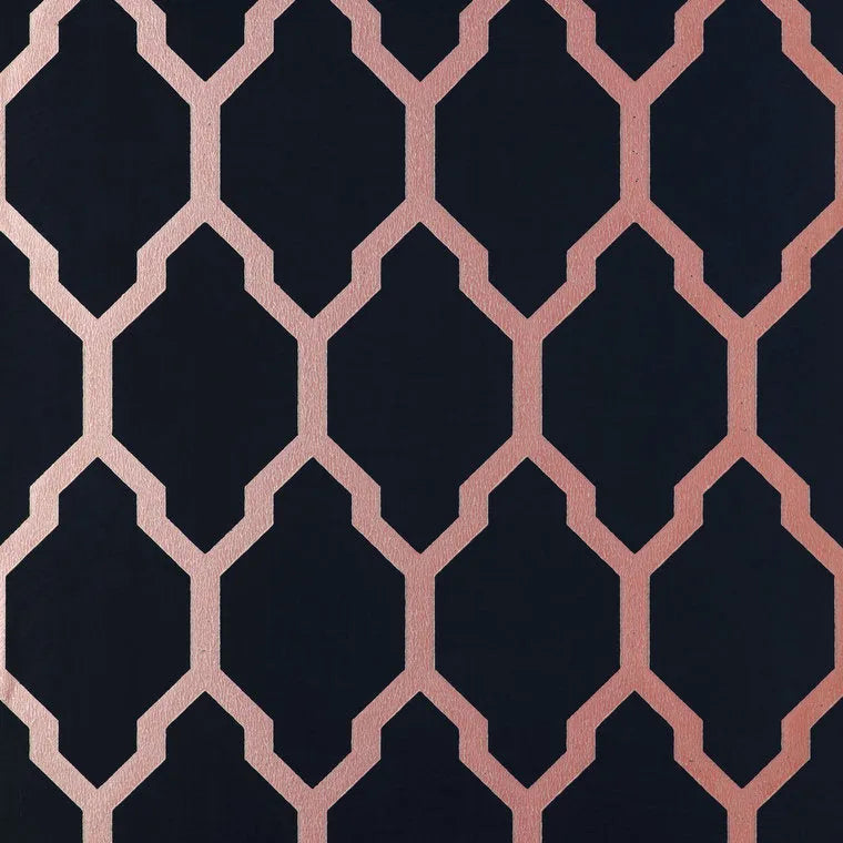 Closeup of a wallpaper showing its Black, Contemporary, Geometric, Metallic, Trellis, Two-tone pattern, color, and subtle texture.