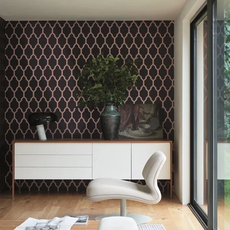 Closeup of a wallpaper showing its Black, Contemporary, Geometric, Metallic, Trellis, Two-tone pattern, color, and subtle texture.