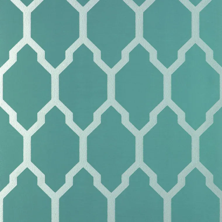 Closeup of a wallpaper showing its Contemporary, Geometric, Green, Metallic, Trellis, Two-tone pattern, color, and subtle texture.