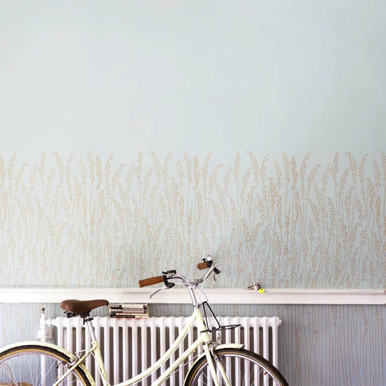 Wallpaper installed in a room showing its full pattern, color