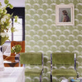 Wallpaper installed in a room showing its full pattern, color