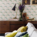 Wallpaper installed in a room showing its full pattern, color