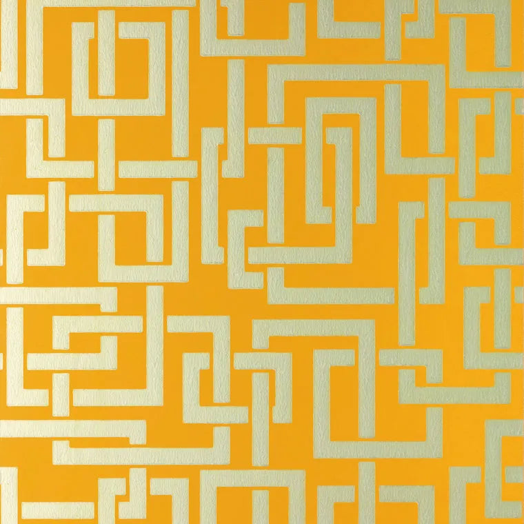 Closeup of a wallpaper showing its Contemporary, Geometric, Gold, Two-tone, Yellow pattern, color, and subtle texture.