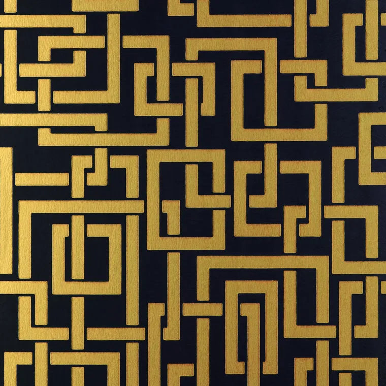 Closeup of a wallpaper showing its Art-Deco, Black, Contemporary, Geometric, Gold, Two-tone pattern, color, and subtle texture.