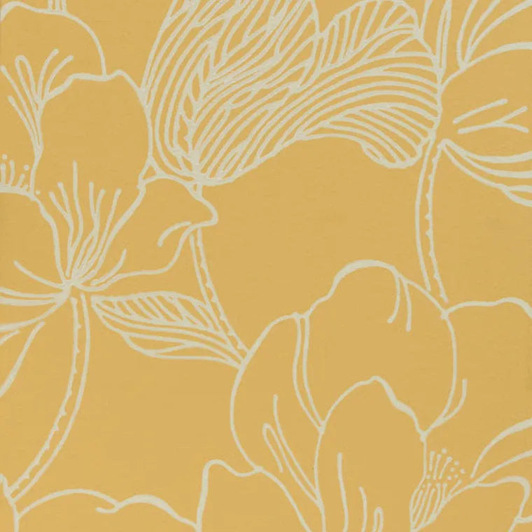 Closeup of a wallpaper showing its Contemporary, Floral, Gold, Nature pattern, color, and subtle texture.