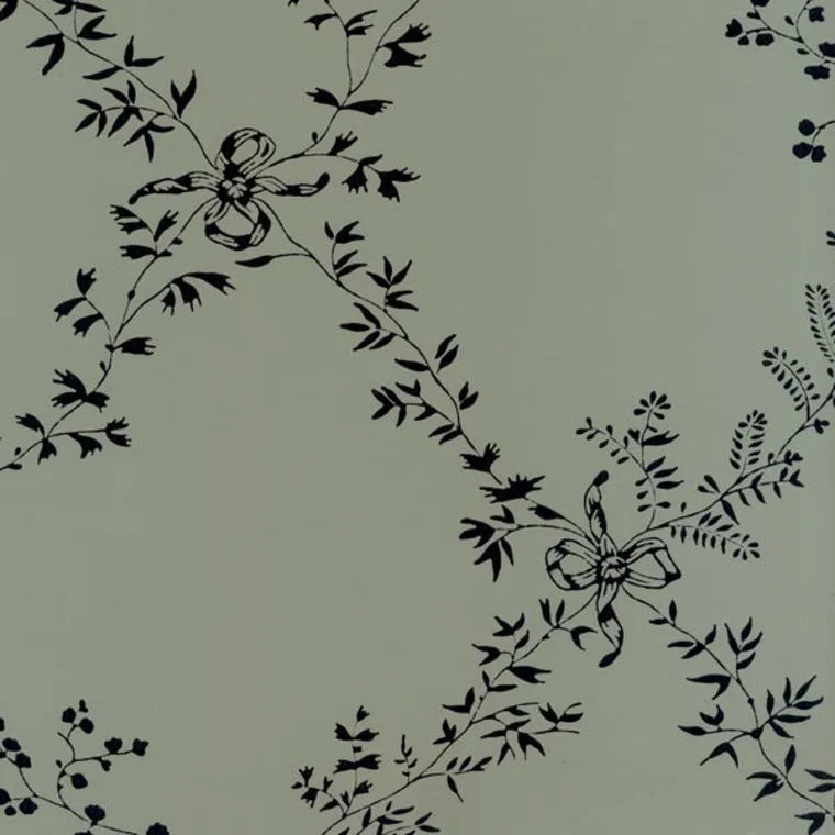 Closeup of a wallpaper showing its Floral, Green, Trellis pattern, color, and subtle texture.