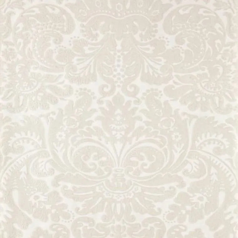 Closeup of a wallpaper showing its Damask, Neutrals pattern, color, and subtle texture.