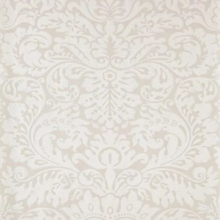 Closeup of a wallpaper showing its Damask, Neutrals pattern, color, and subtle texture.